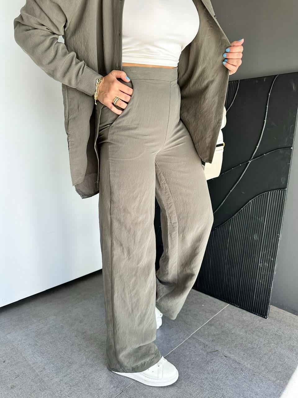 Haki Çizgili Gömlek Pantolon Soft Takım