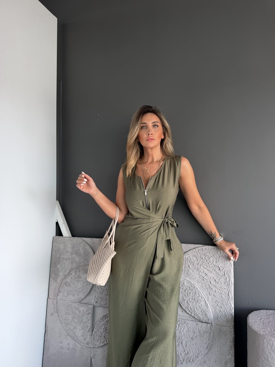 Haki Fermuarlı Bağlamalı Tulum