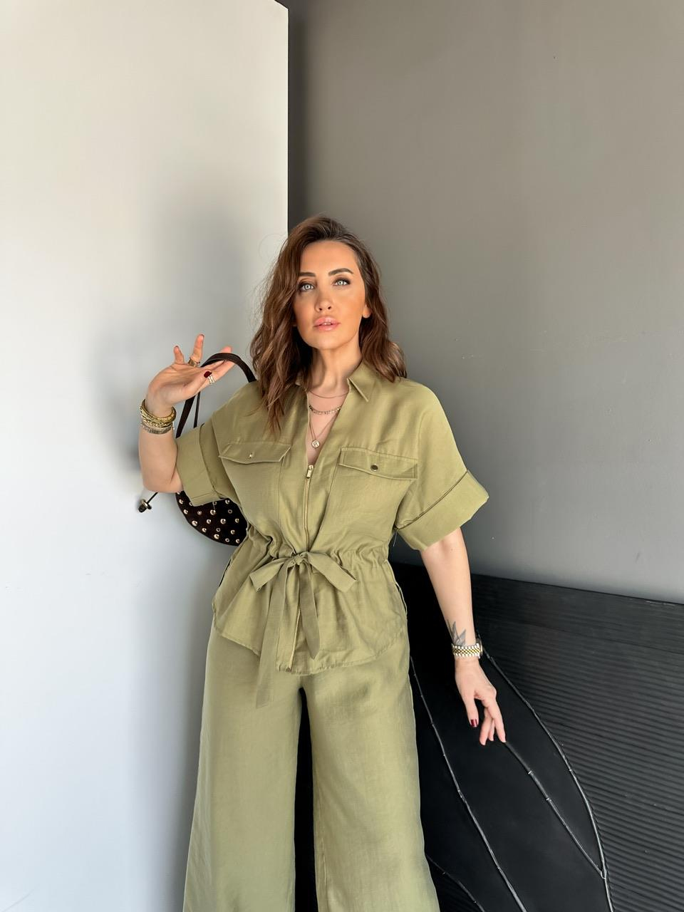 Haki Fermuarlı Kuşaklı Premium Takım