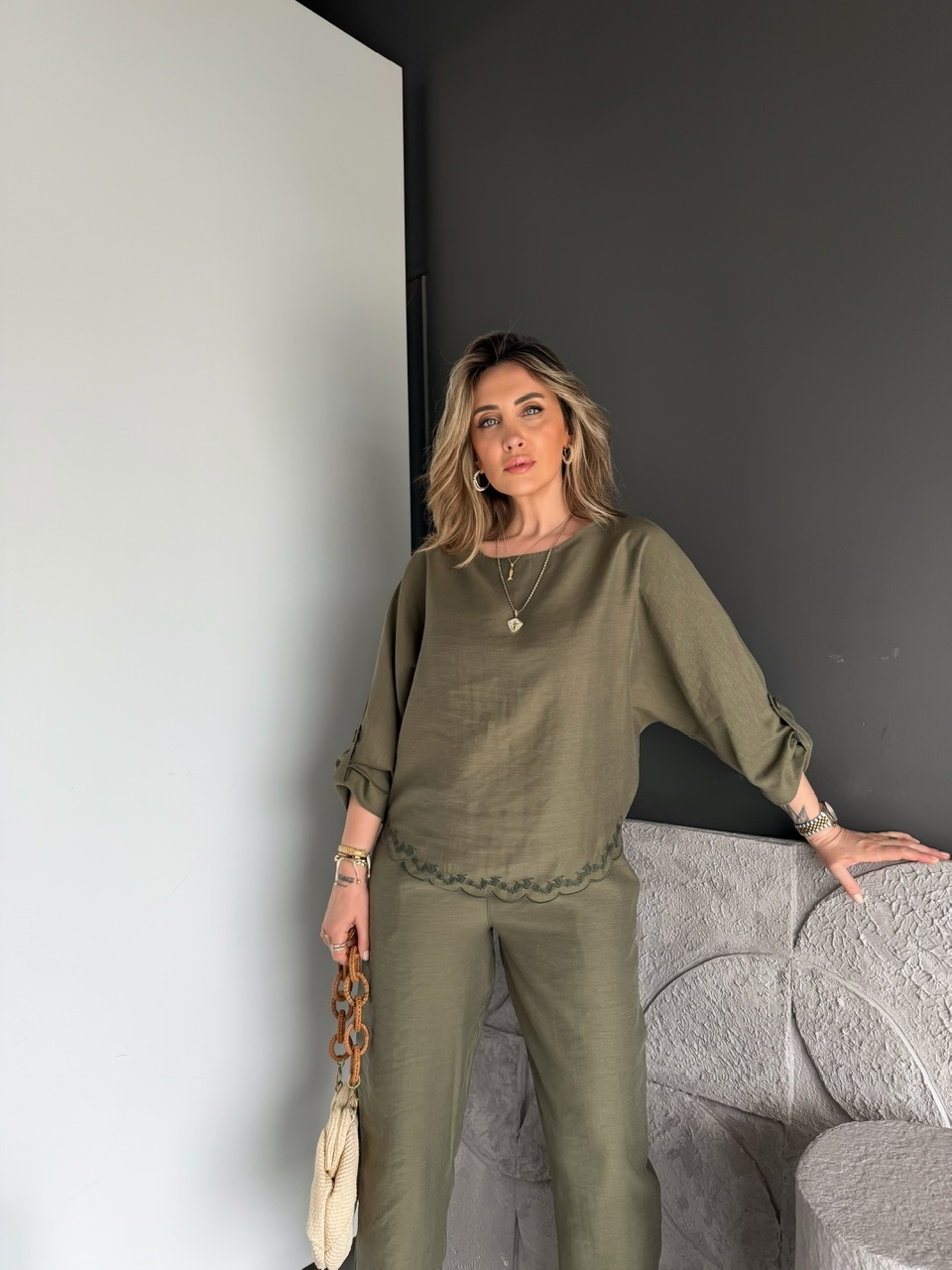 Haki Fisto Şeritli Yarasa Kol Takım