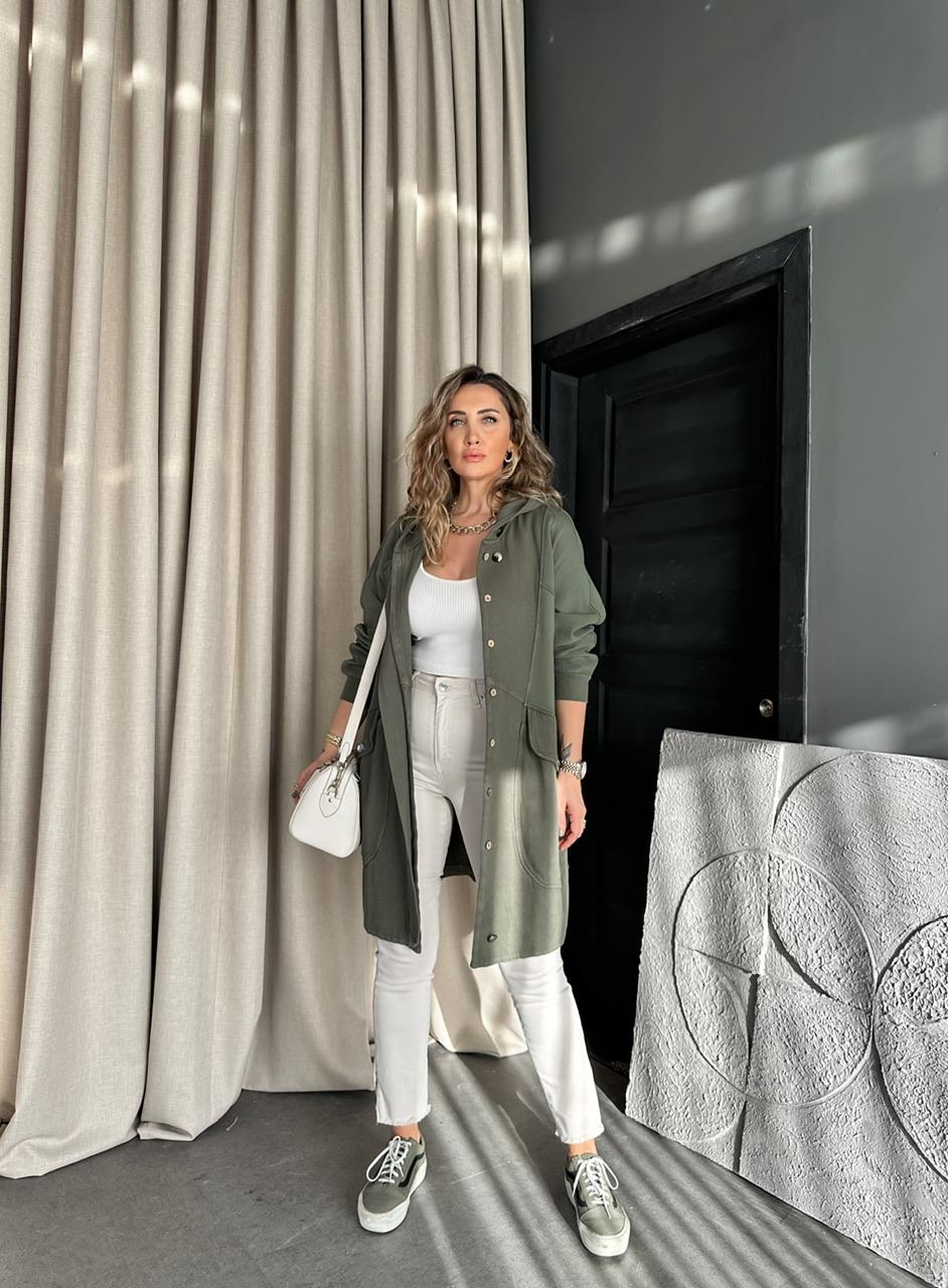 Haki Geniş Cepli Cotton Trençkot