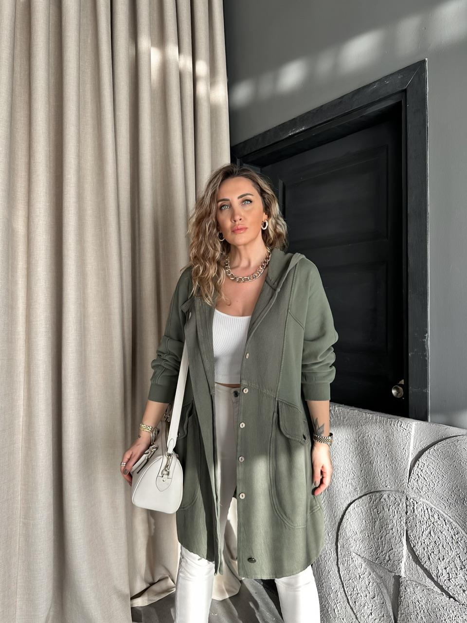 Haki Geniş Cepli Cotton Trençkot