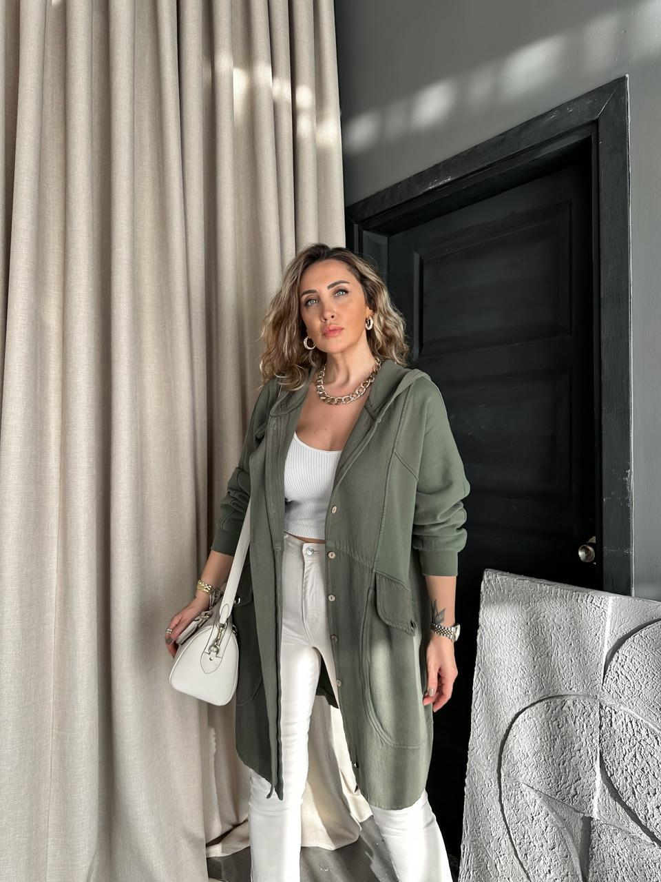 Haki Geniş Cepli Cotton Trençkot