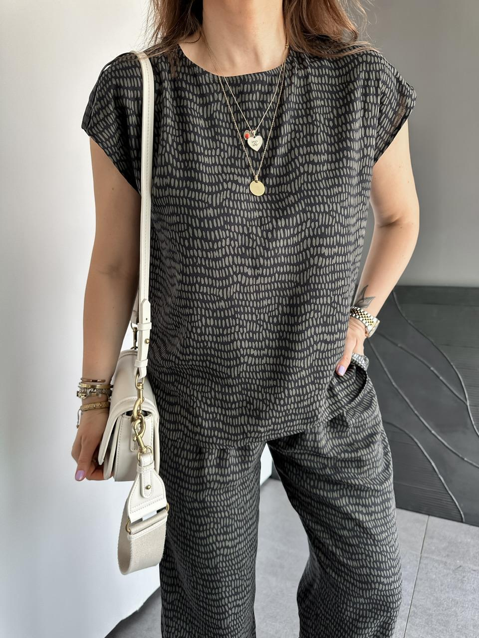 Haki Geometrik Desenli Cotton Takım