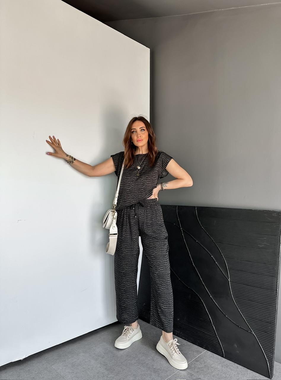 Haki Geometrik Desenli Cotton Takım