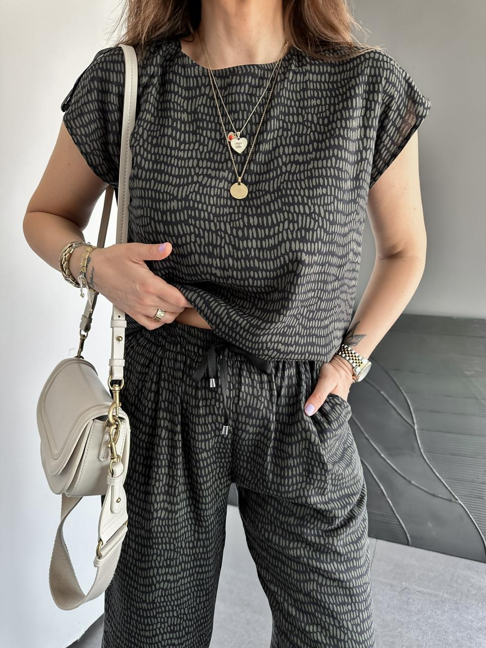 Haki Geometrik Desenli Cotton Takım