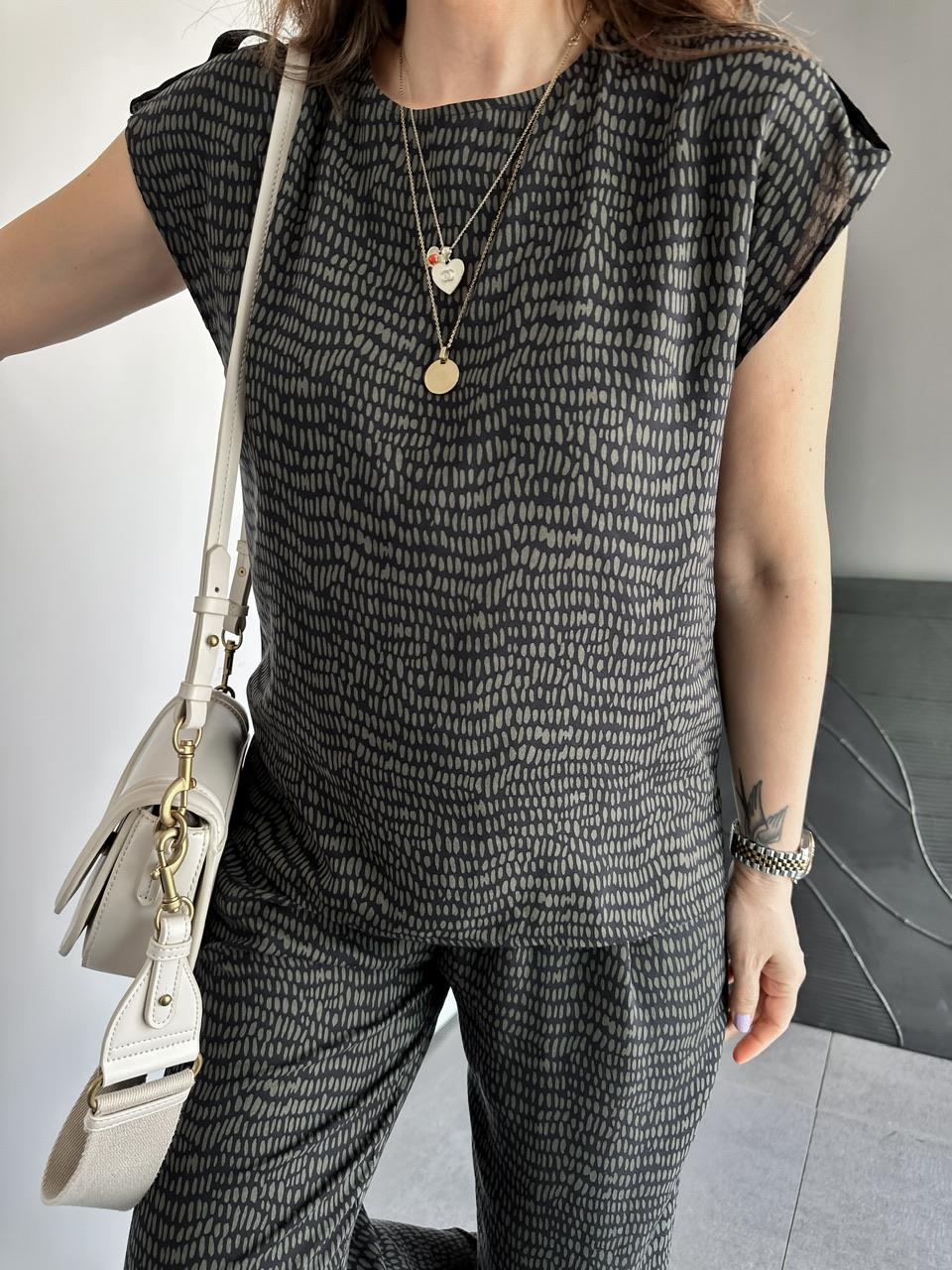 Haki Geometrik Desenli Cotton Takım
