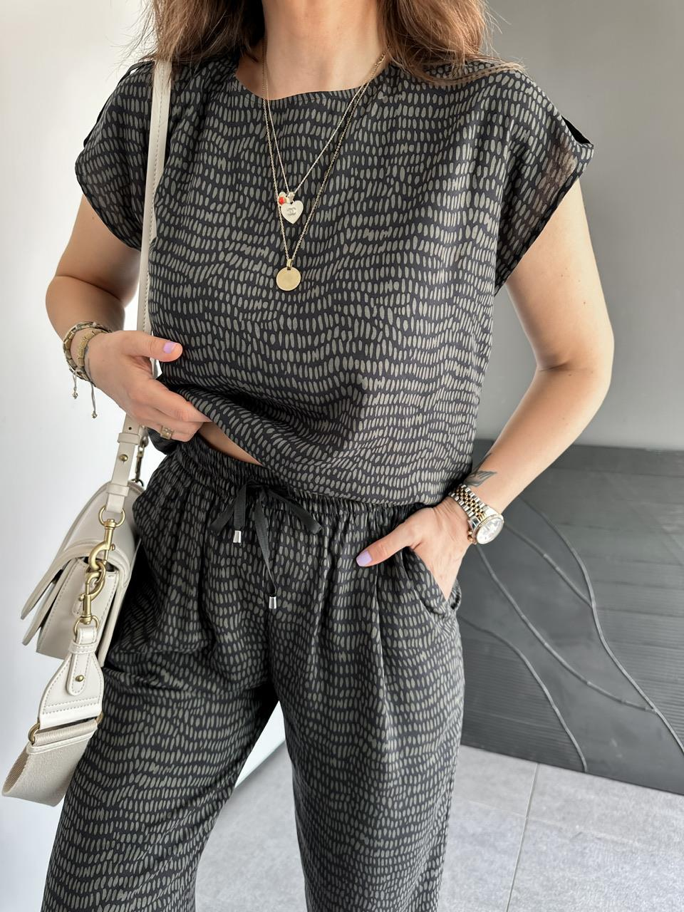 Haki Geometrik Desenli Cotton Takım