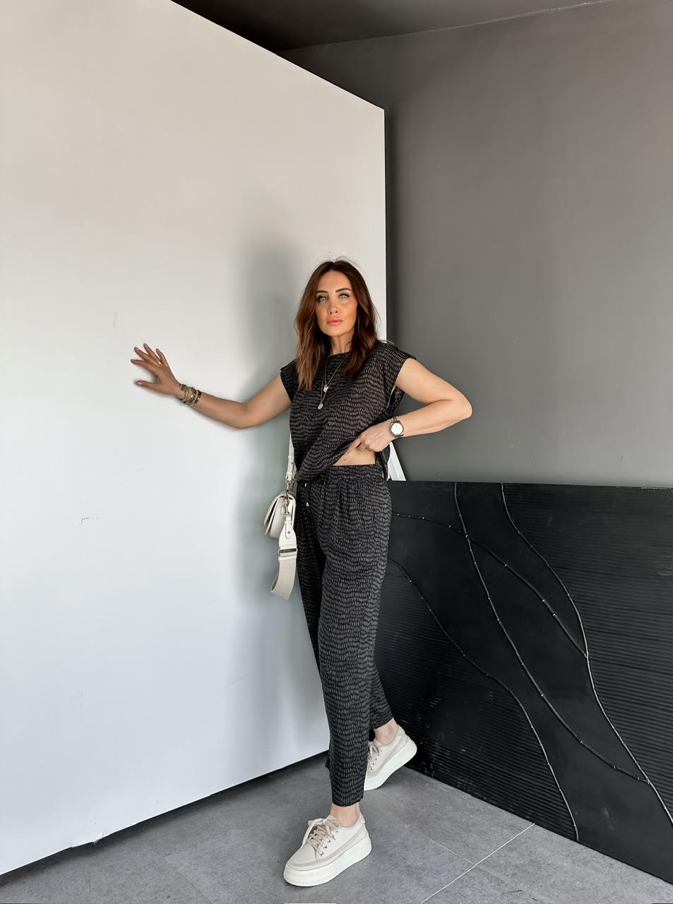 Haki Geometrik Desenli Cotton Takım