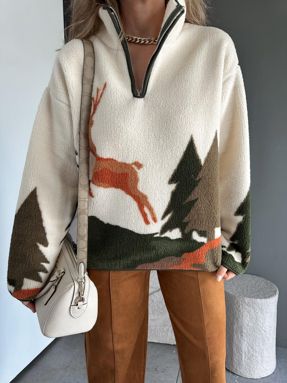 Haki Geyikli Polar Sweatshirt