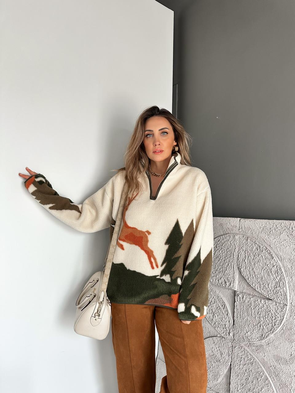 Haki Geyikli Polar Sweatshirt