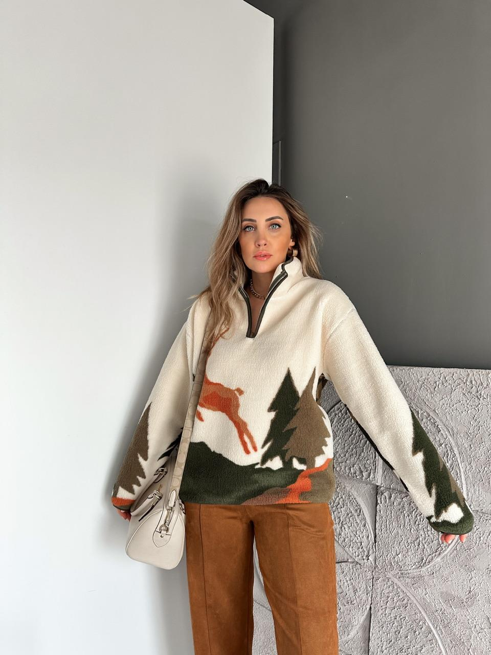 Haki Geyikli Polar Sweatshirt