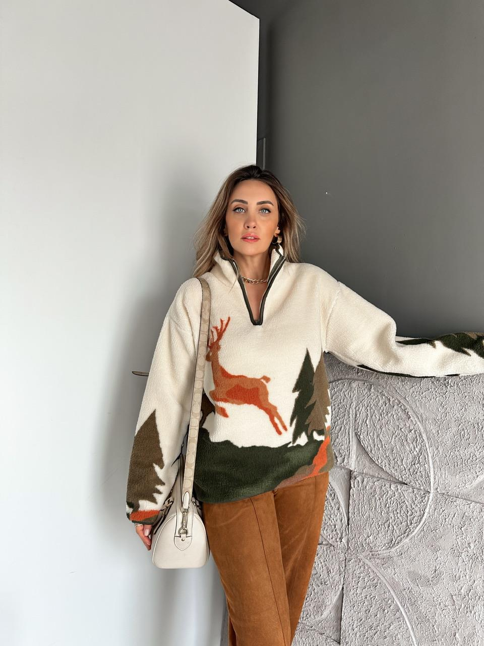 Haki Geyikli Polar Sweatshirt