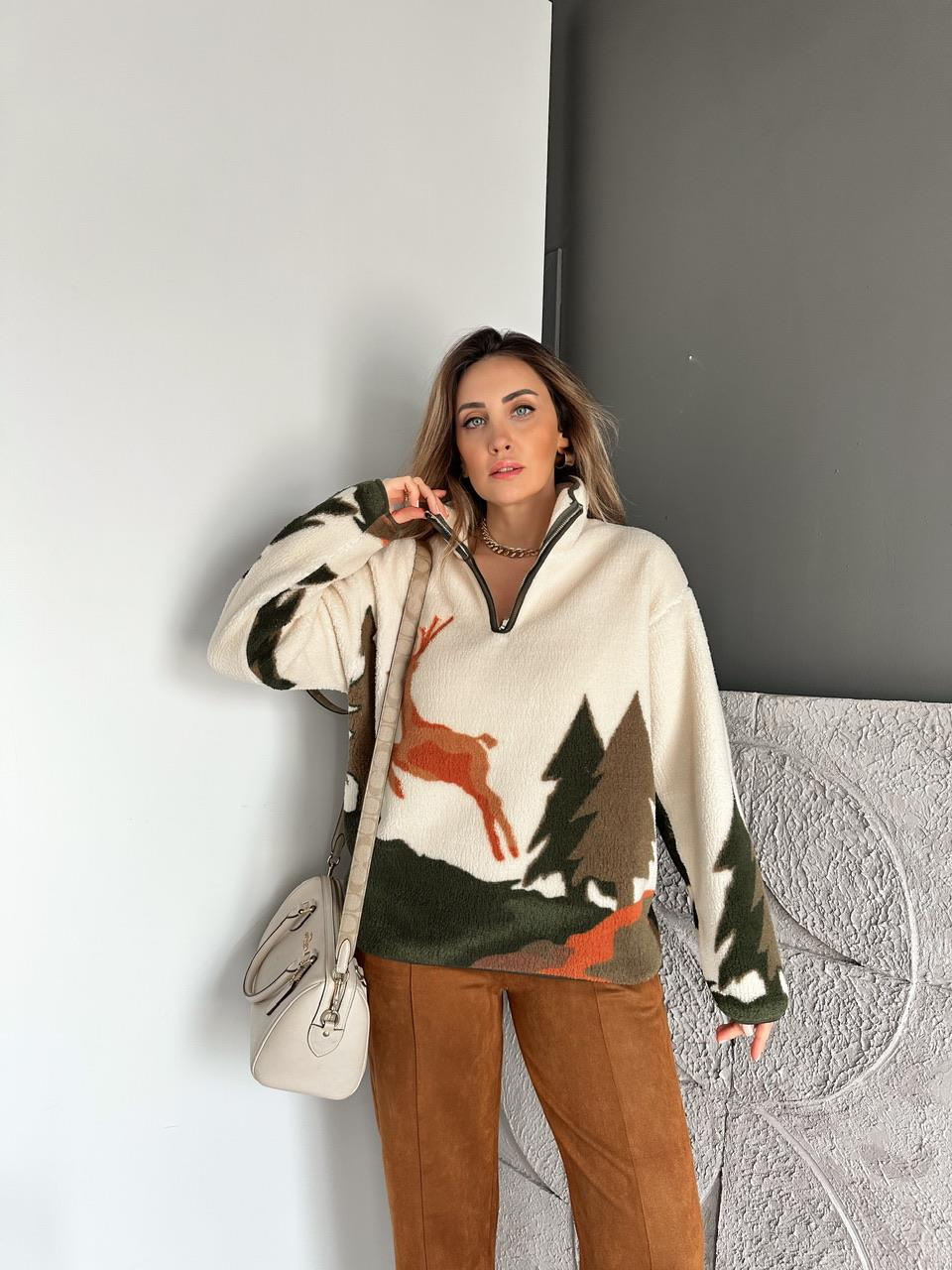 Haki Geyikli Polar Sweatshirt