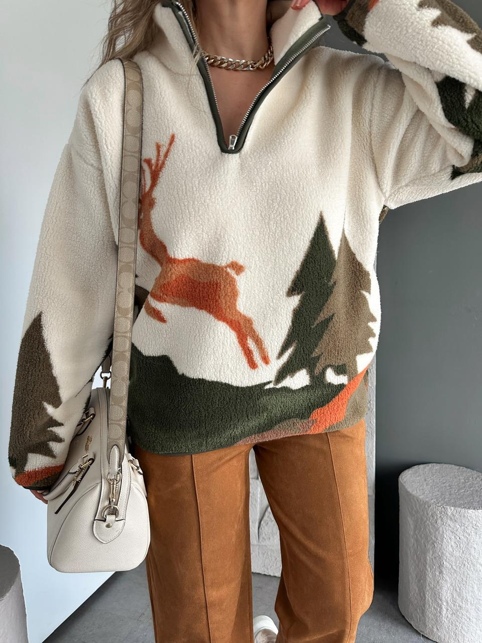 Haki Geyikli Polar Sweatshirt