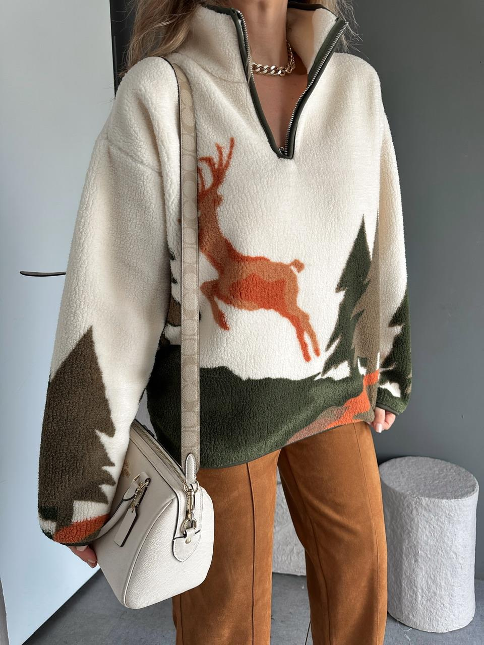 Haki Geyikli Polar Sweatshirt