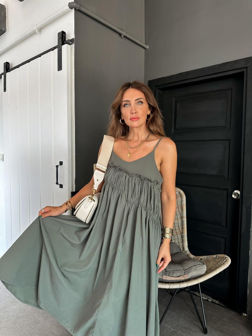 Haki İp Askılı Drapeli Cotton Elbise