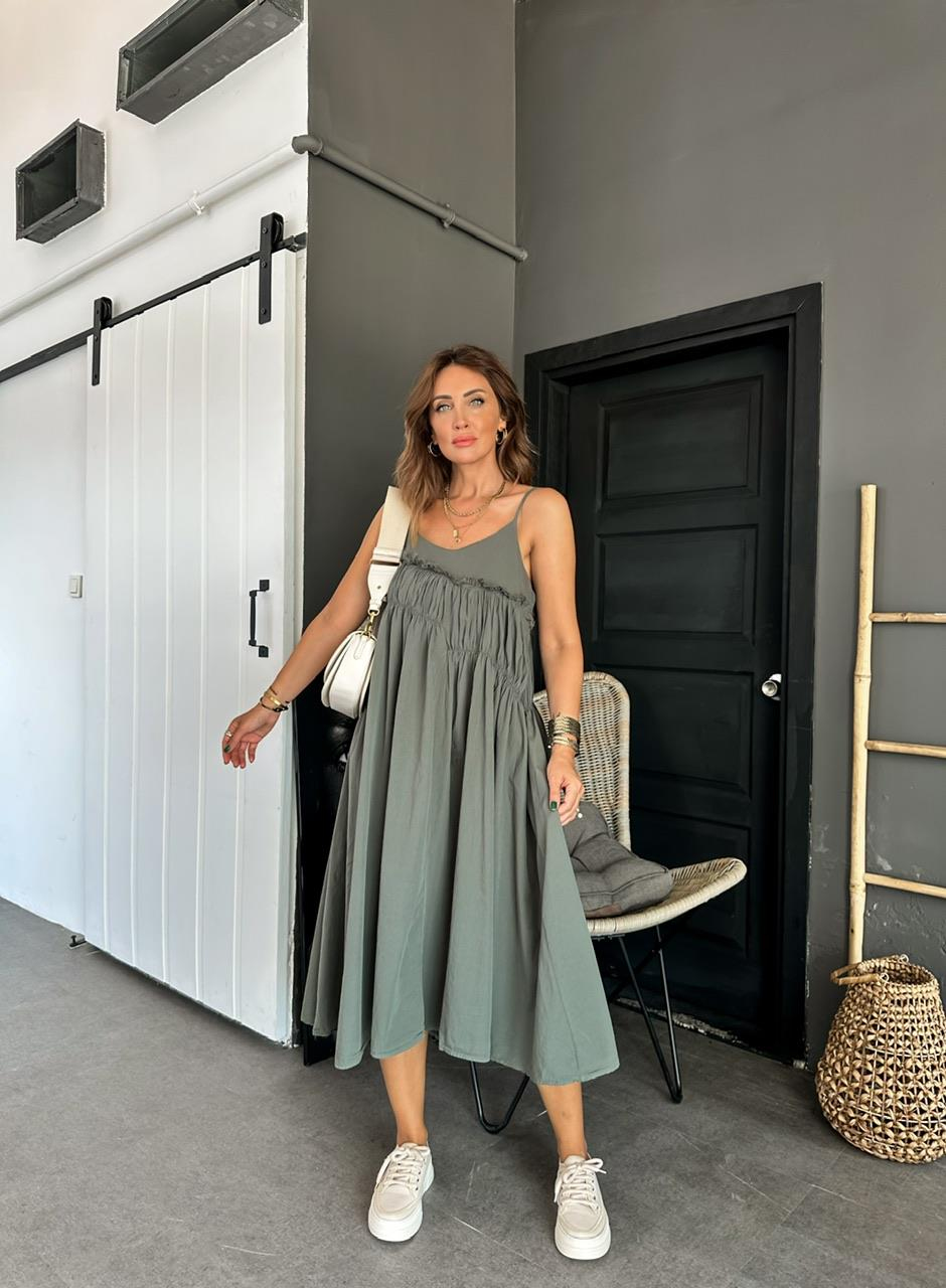 Haki İp Askılı Drapeli Cotton Elbise