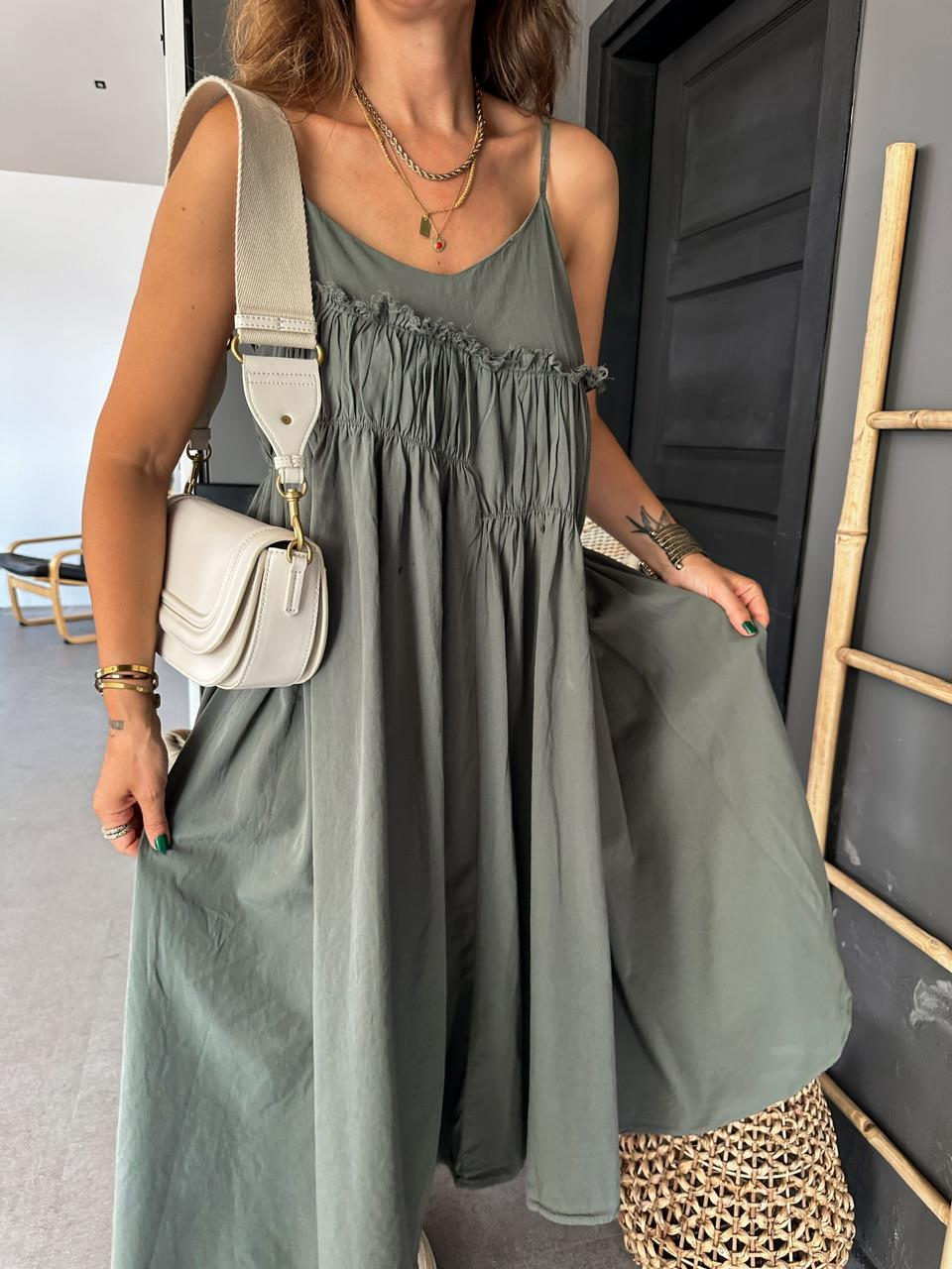 Haki İp Askılı Drapeli Cotton Elbise