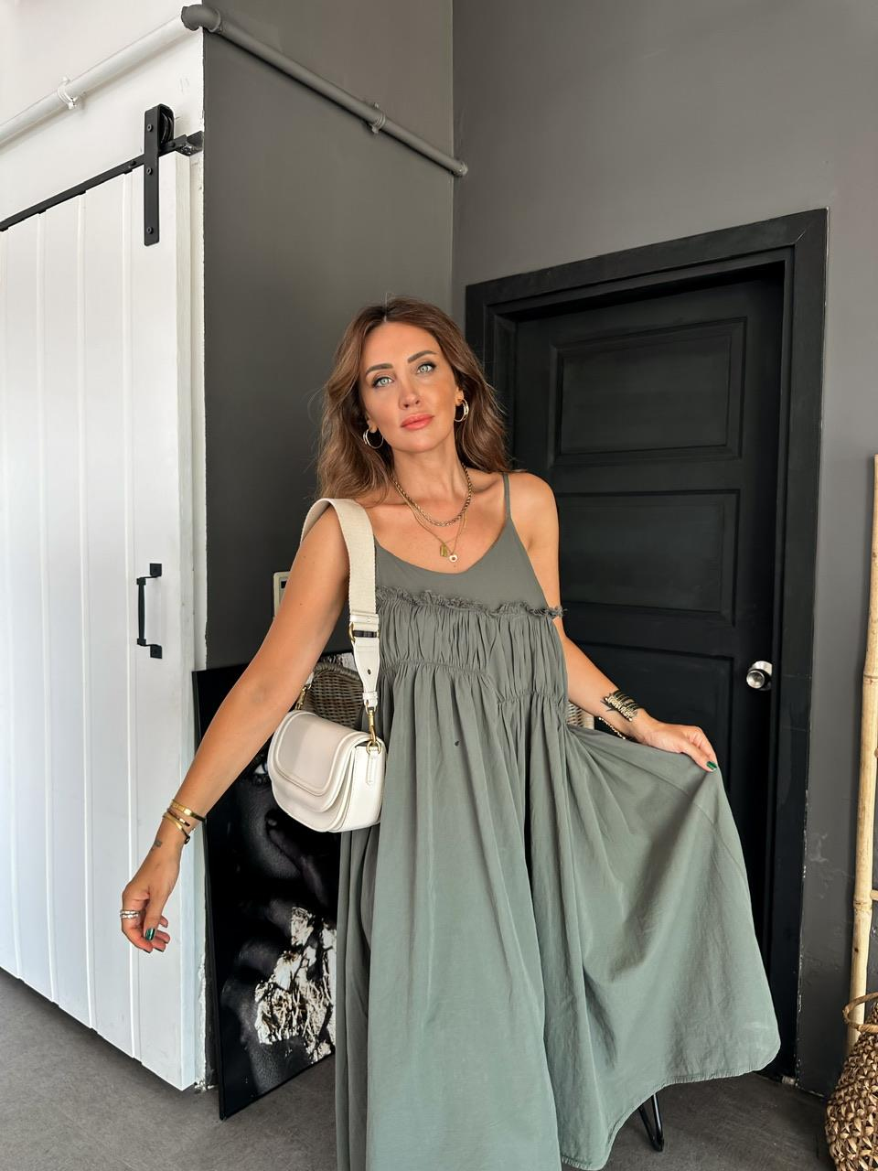 Haki İp Askılı Drapeli Cotton Elbise