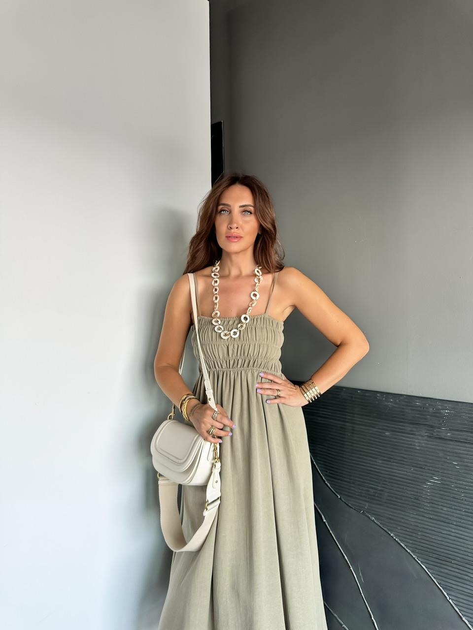 Haki İp Askılı Gipeli Keten Elbise