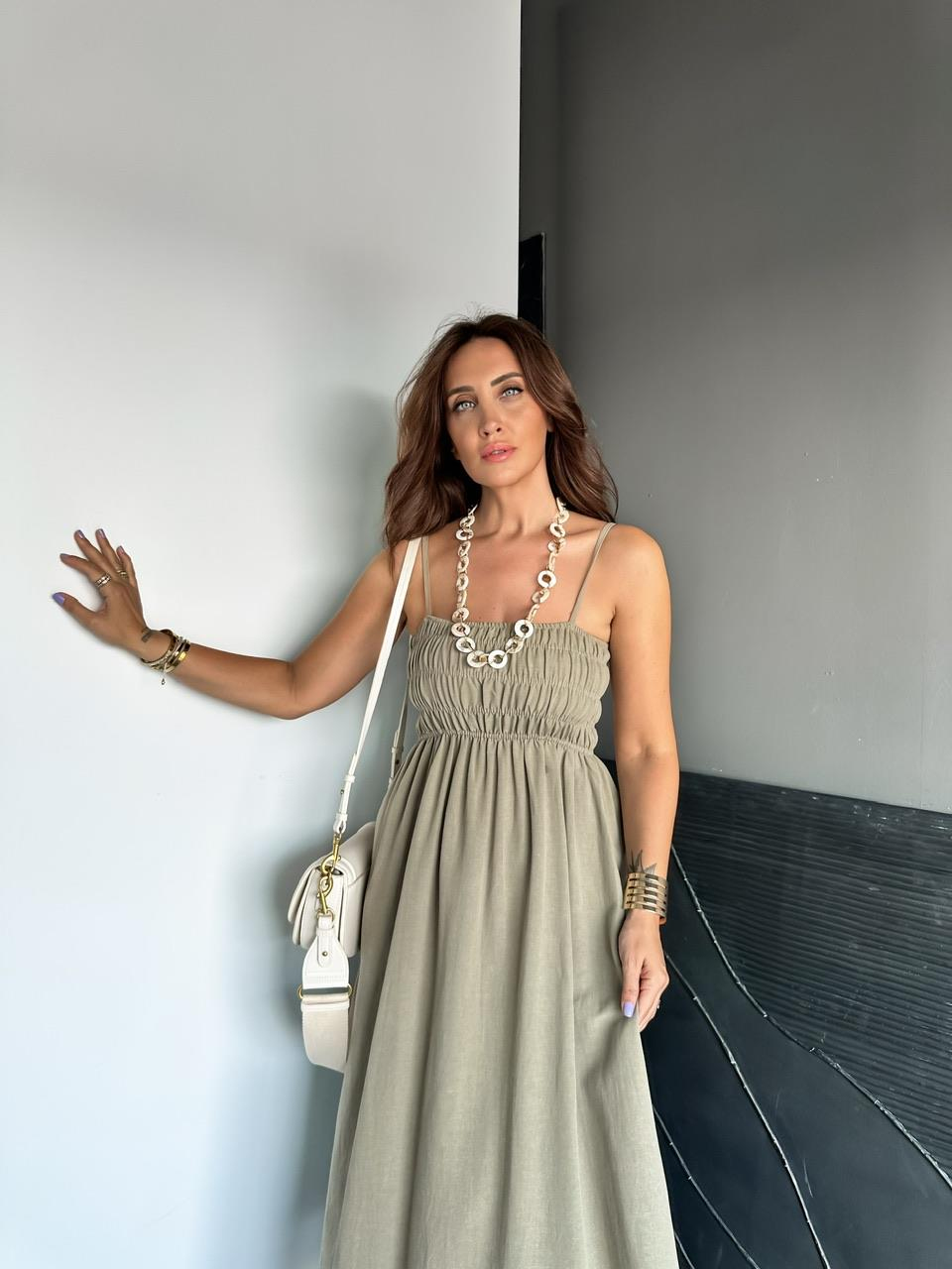 Haki İp Askılı Gipeli Keten Elbise