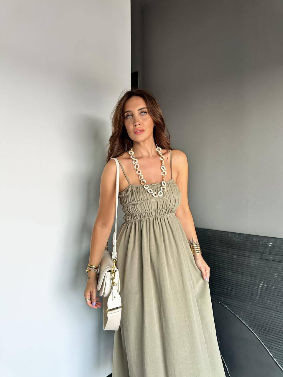 Haki İp Askılı Gipeli Keten Elbise