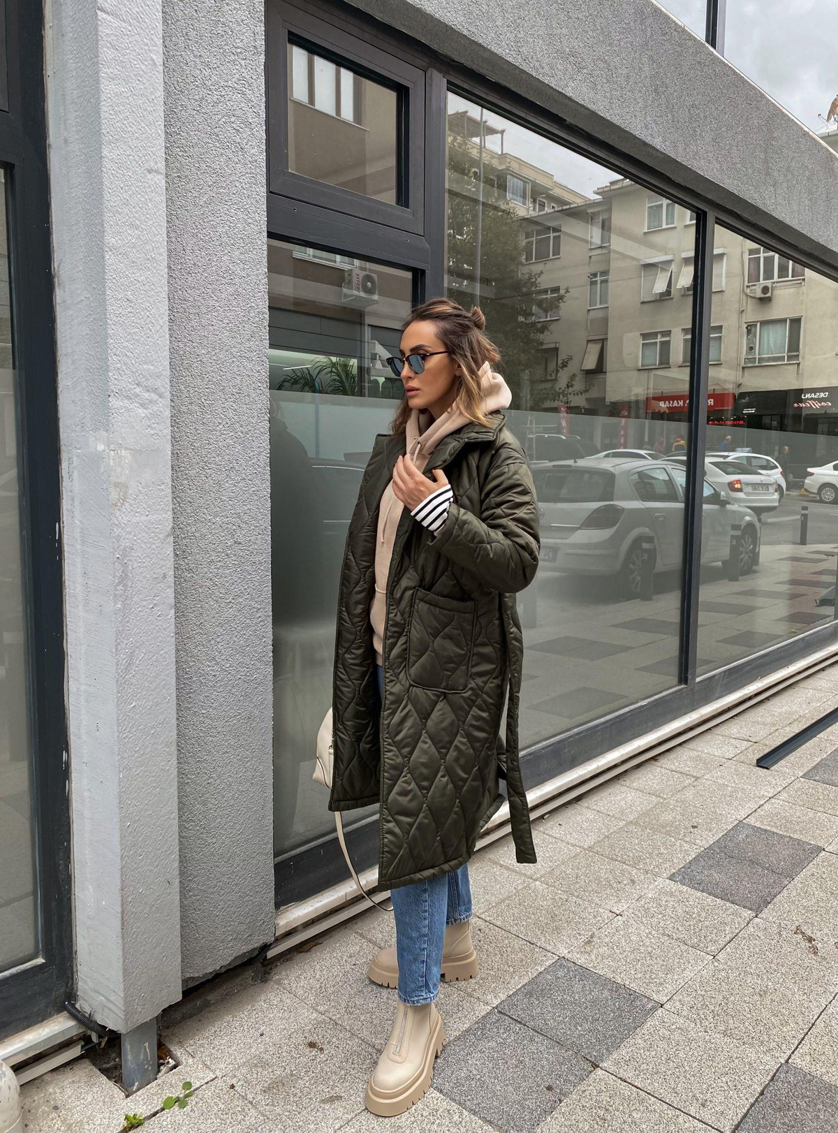Haki Kapitone Şal Yaka Kuşaklı Kaban