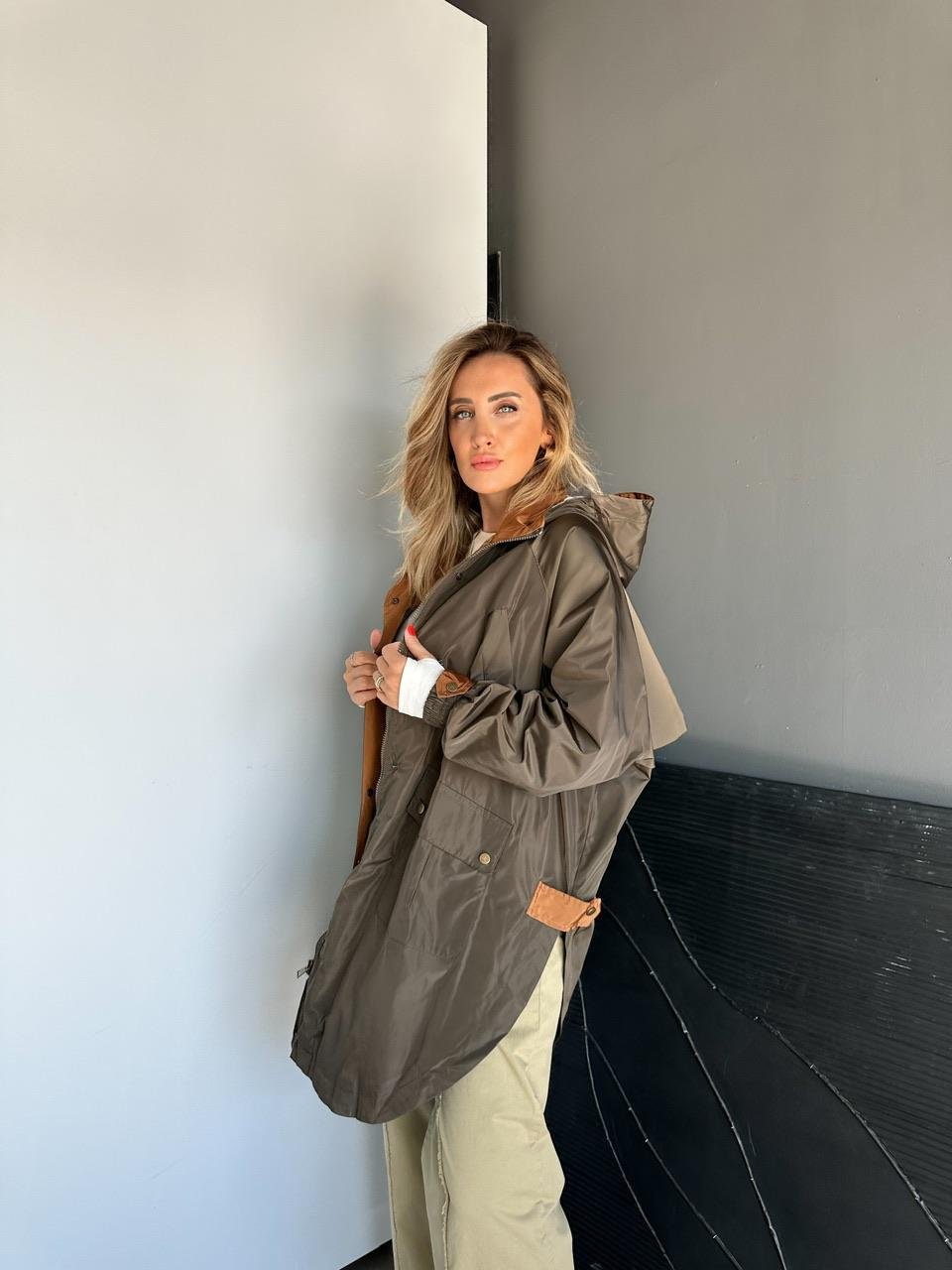 Haki Kapşonlu Tasarım Premium Trençkot