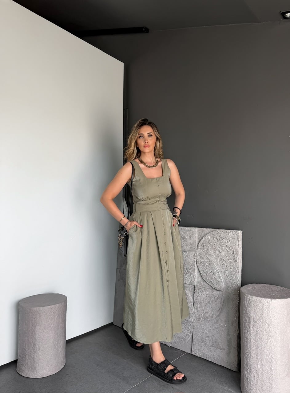 Haki Kare Yaka Sırtı Lastikli Elbise