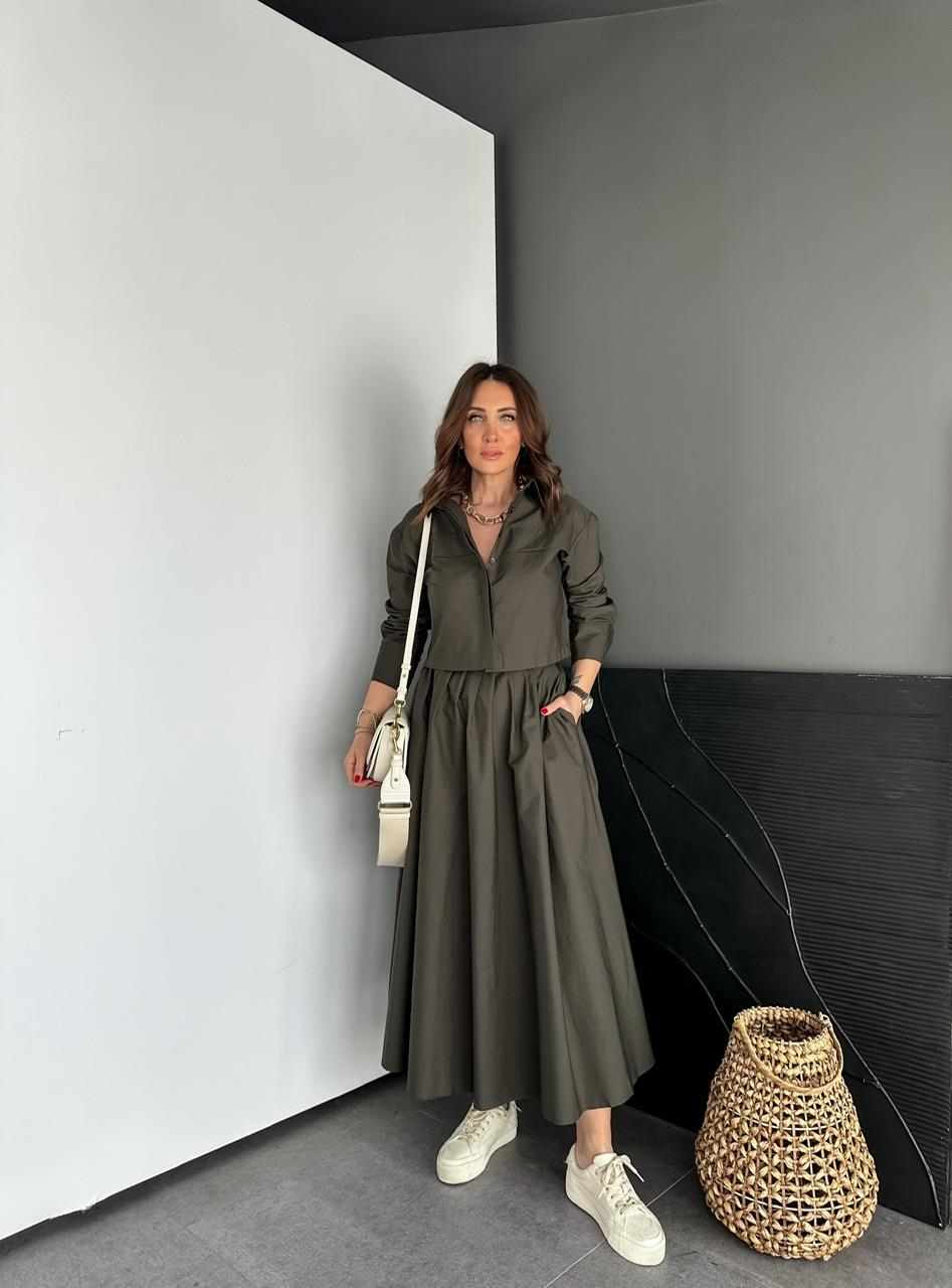Haki Kısa Gömlekli Etekli Cotton Takım
