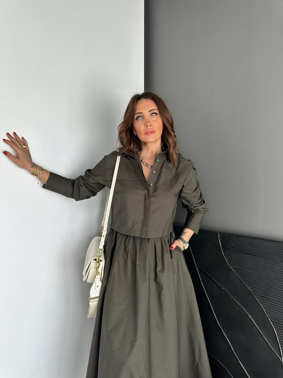 Haki Kısa Gömlekli Etekli Cotton Takım