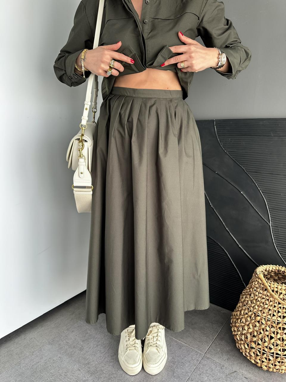 Haki Kısa Gömlekli Etekli Cotton Takım