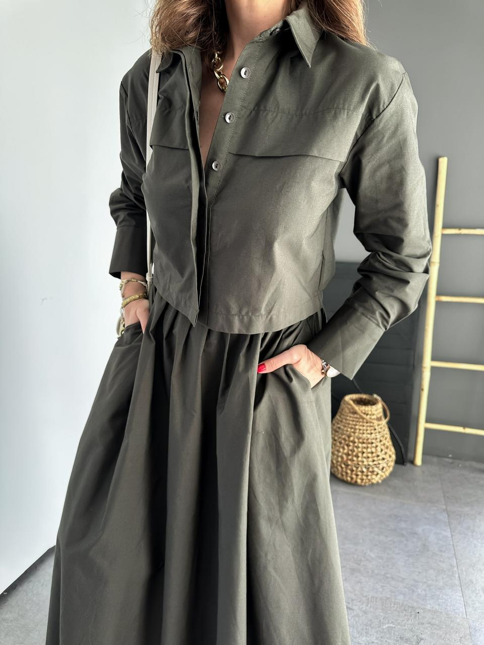 Haki Kısa Gömlekli Etekli Cotton Takım