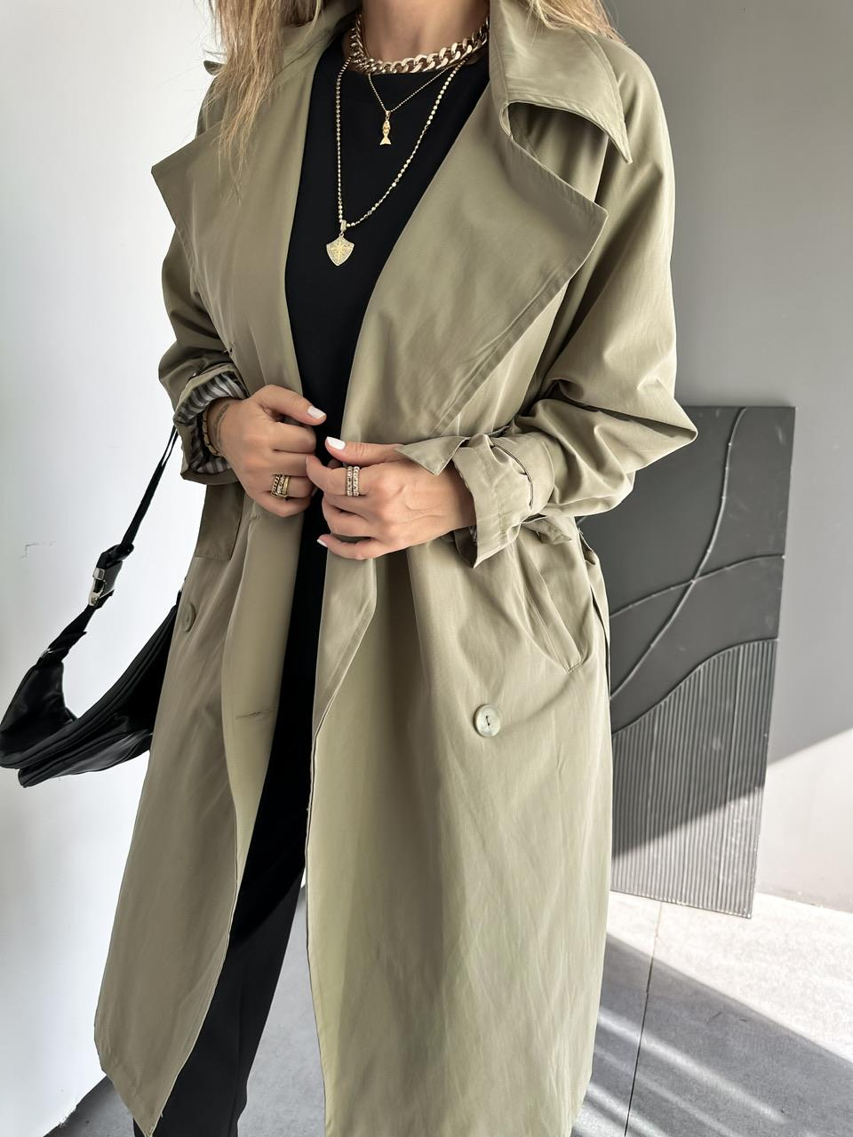 Haki Kolu Bağlamalı Oversize Trençkot 