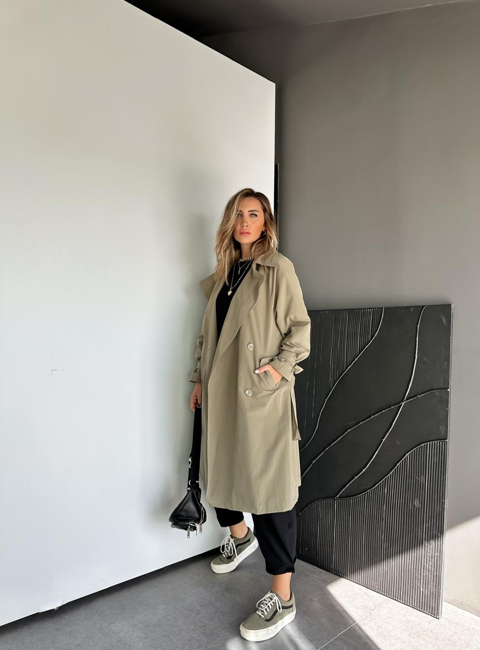 Haki Kolu Bağlamalı Oversize Trençkot 