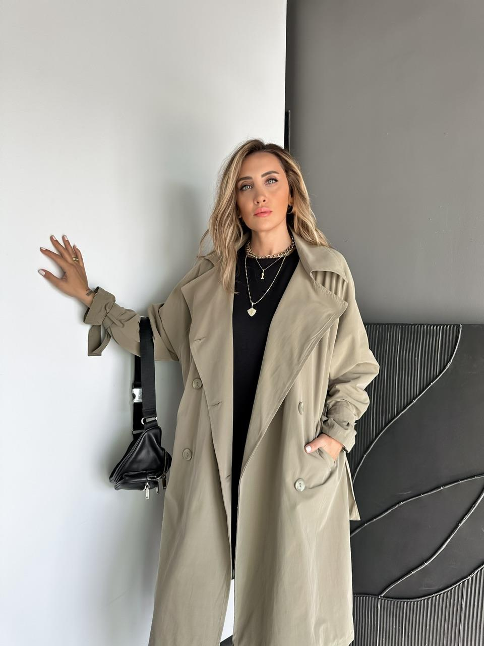 Haki Kolu Bağlamalı Oversize Trençkot 