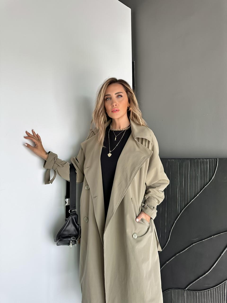 Haki Kolu Bağlamalı Oversize Trençkot 