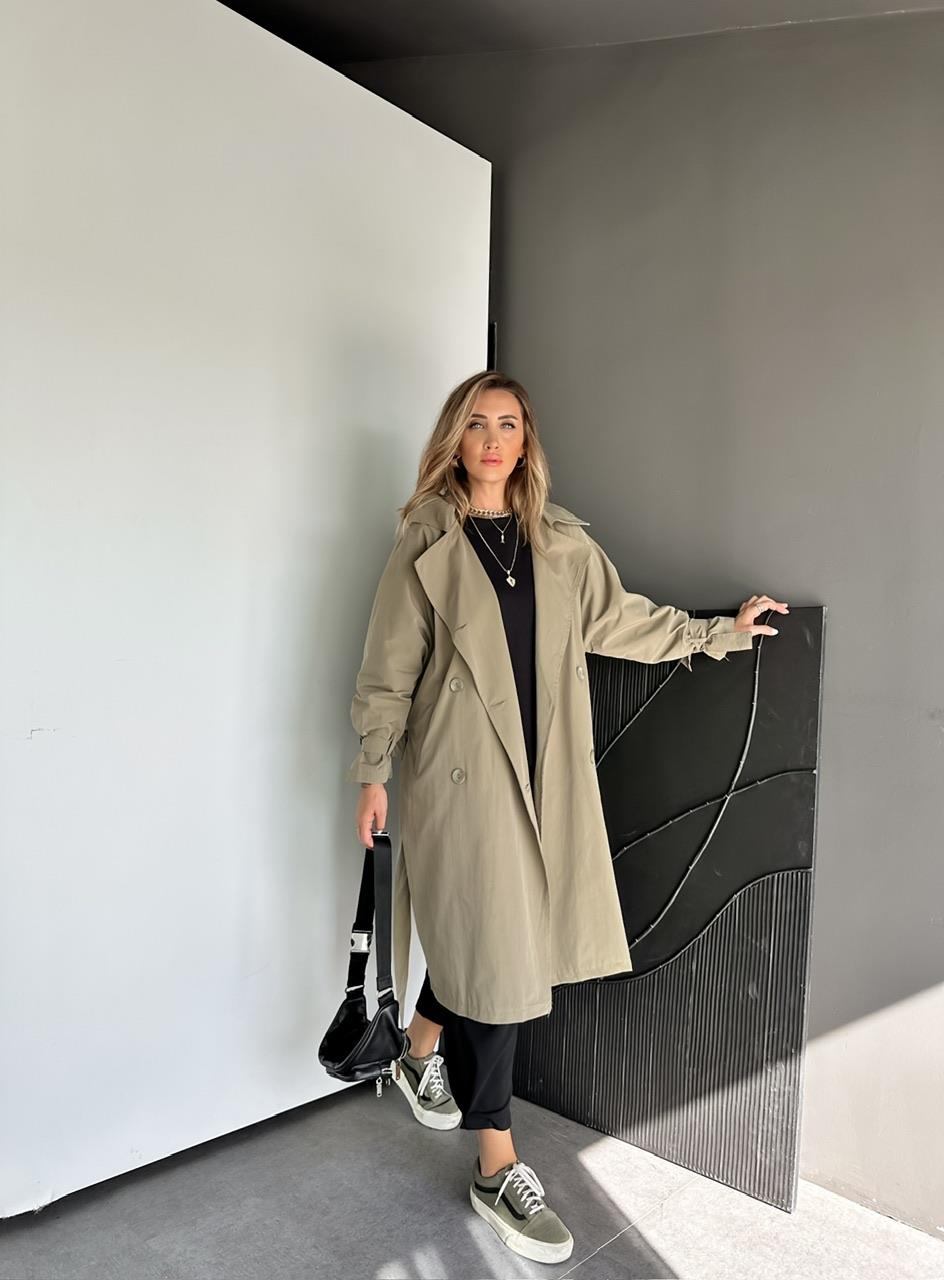 Haki Kolu Bağlamalı Oversize Trençkot 