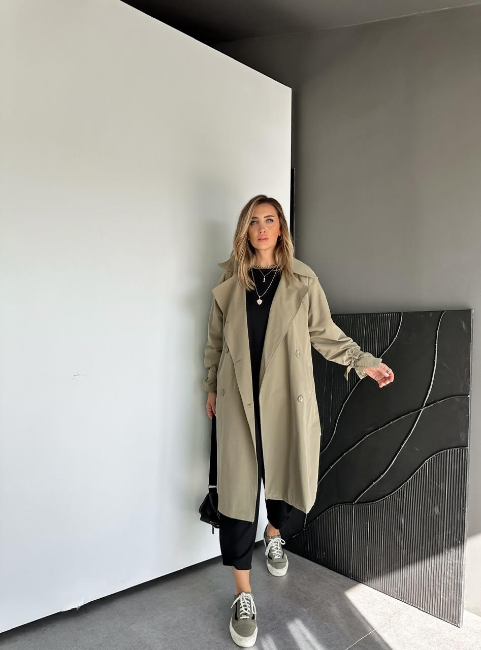 Haki Kolu Bağlamalı Oversize Trençkot 
