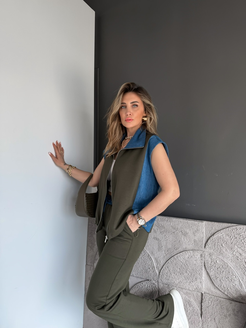 Haki Kot Parçalı Yelekli Modal Takım