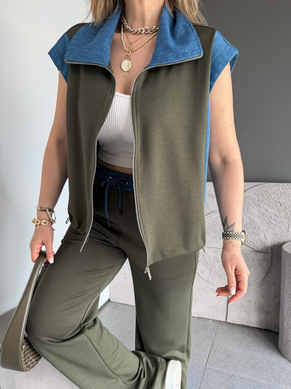 Haki Kot Parçalı Yelekli Modal Takım