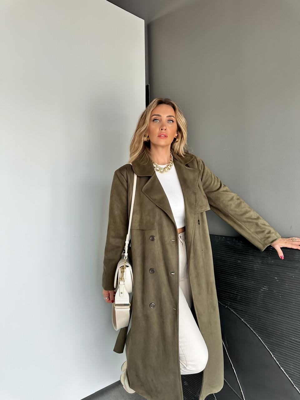 Haki Kuşaklı Süet Soft Trençkot