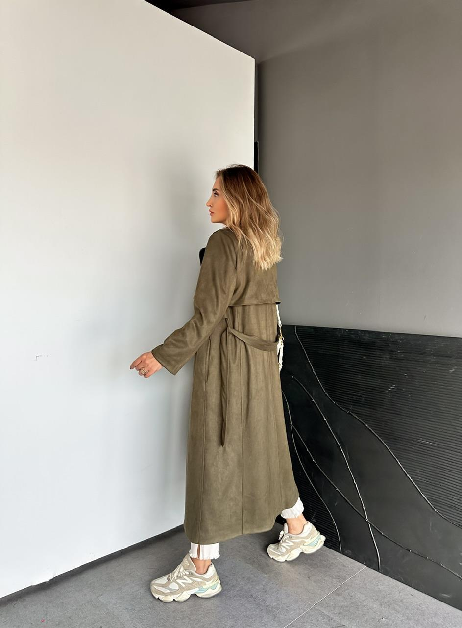 Haki Kuşaklı Süet Soft Trençkot