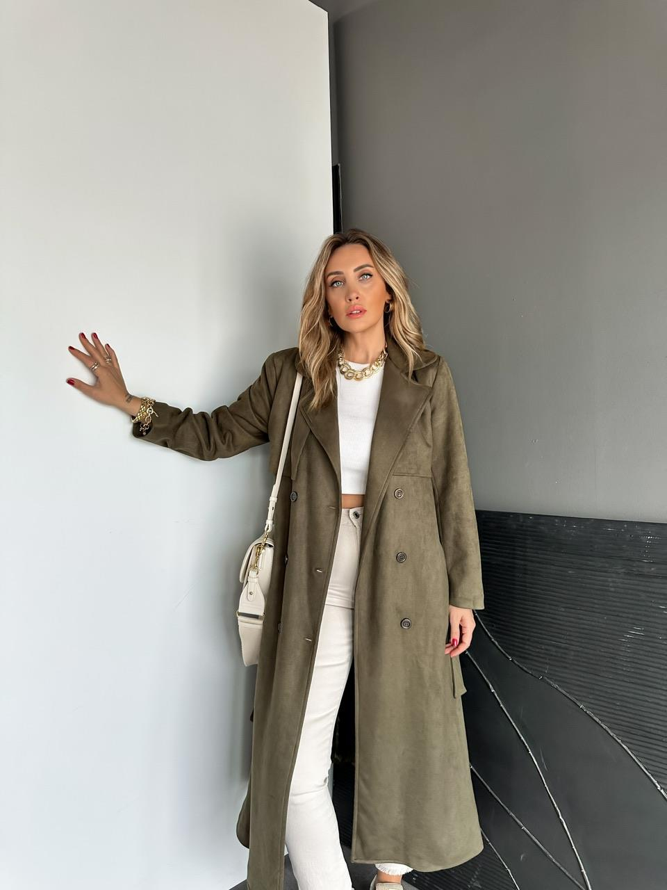 Haki Kuşaklı Süet Soft Trençkot