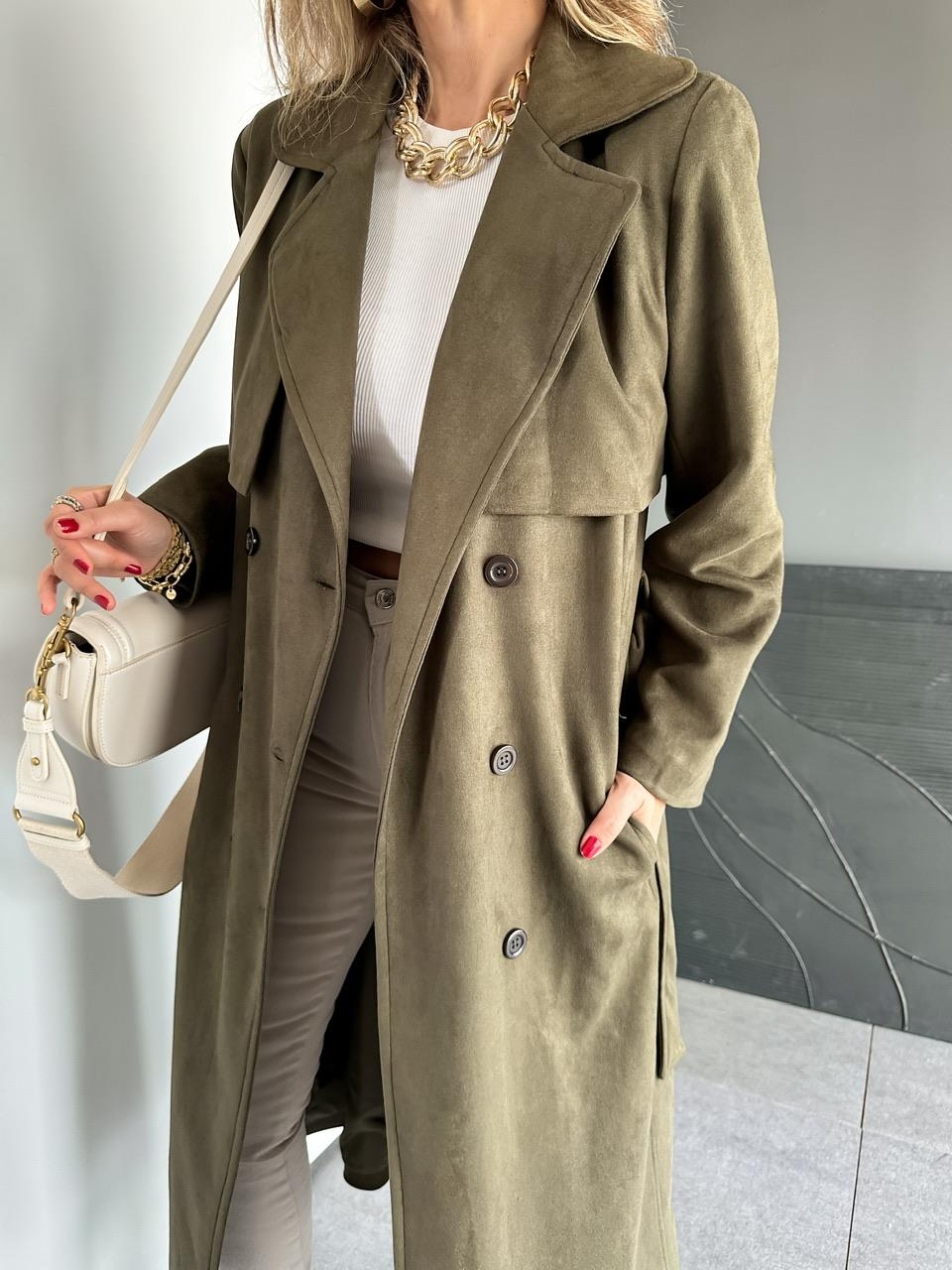 Haki Kuşaklı Süet Soft Trençkot