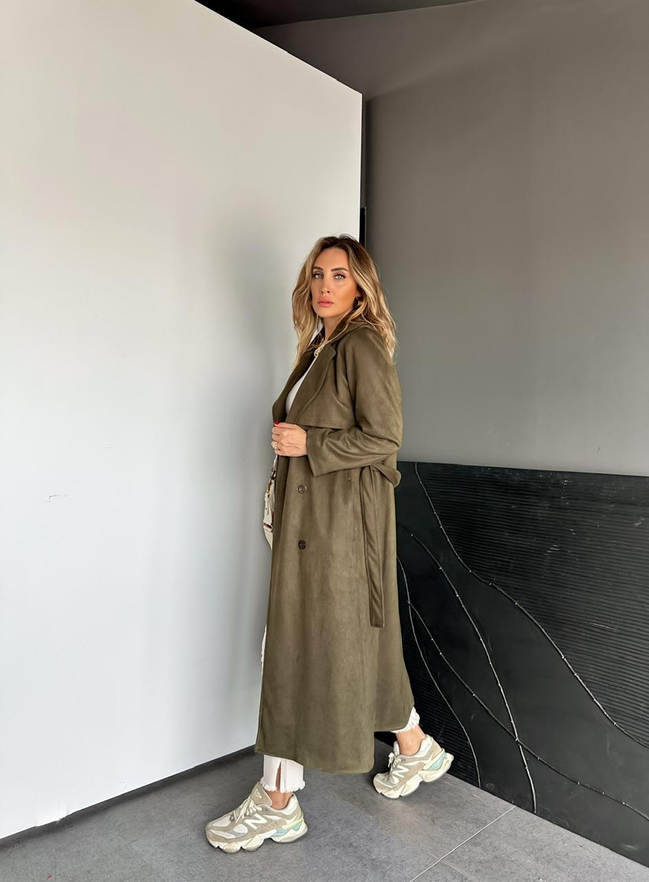 Haki Kuşaklı Süet Soft Trençkot