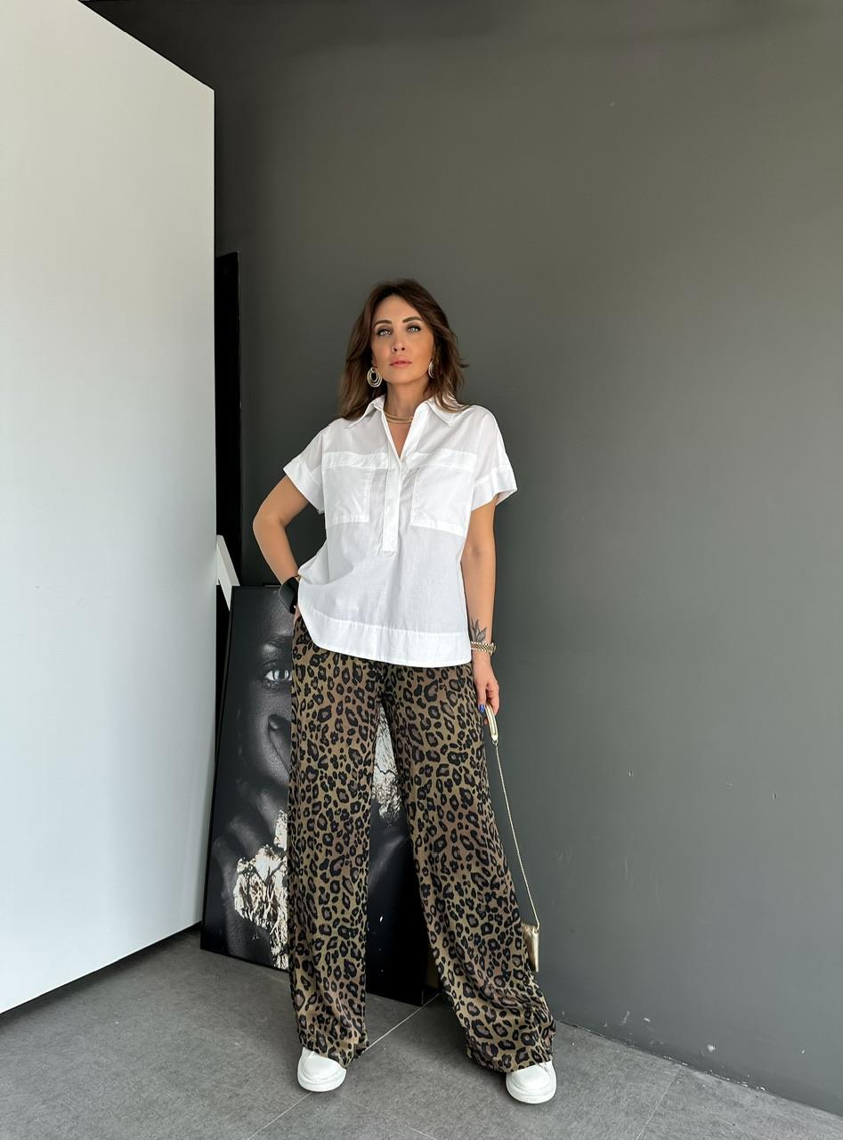 Haki Leopar Beli Lastikli Saten Pantolon 