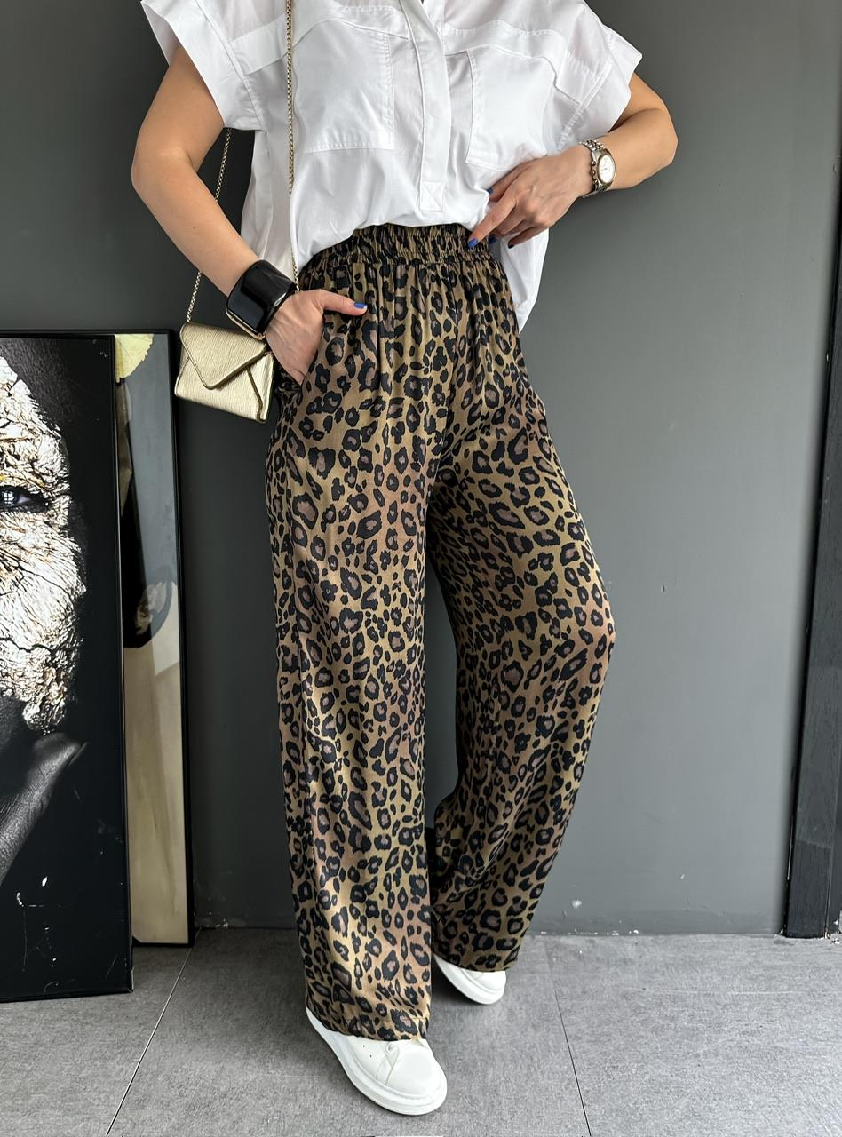 Haki Leopar Beli Lastikli Saten Pantolon 