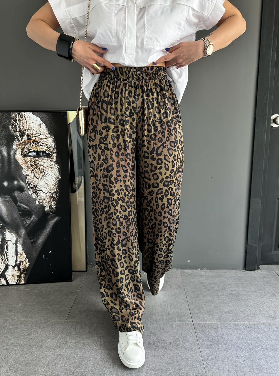 Haki Leopar Beli Lastikli Saten Pantolon 